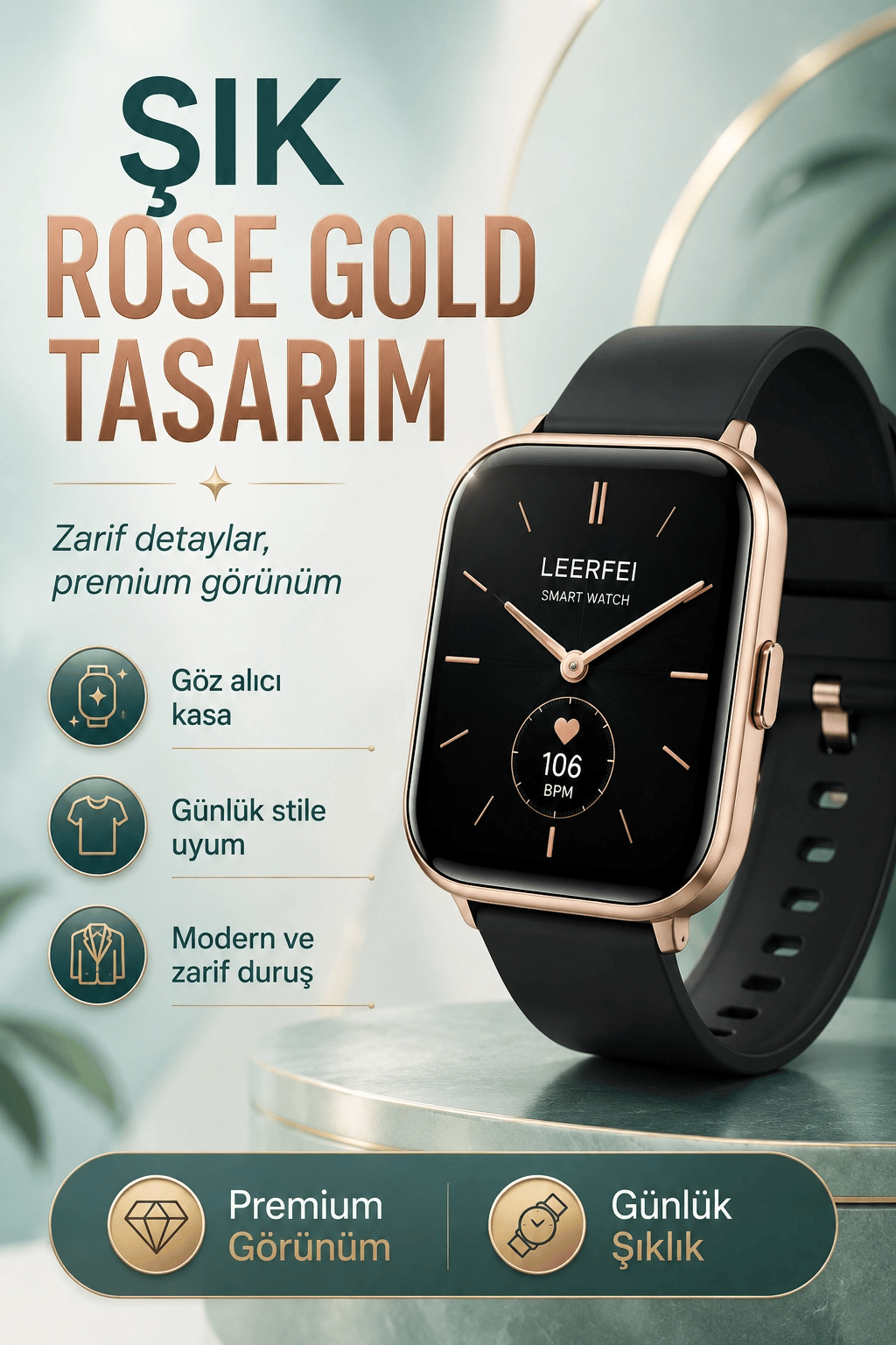 Telefon Uyumlu Rose Gold Akıllı Saat Kablosuz Şarj Destekli Şık Tasarımlı Kullanım