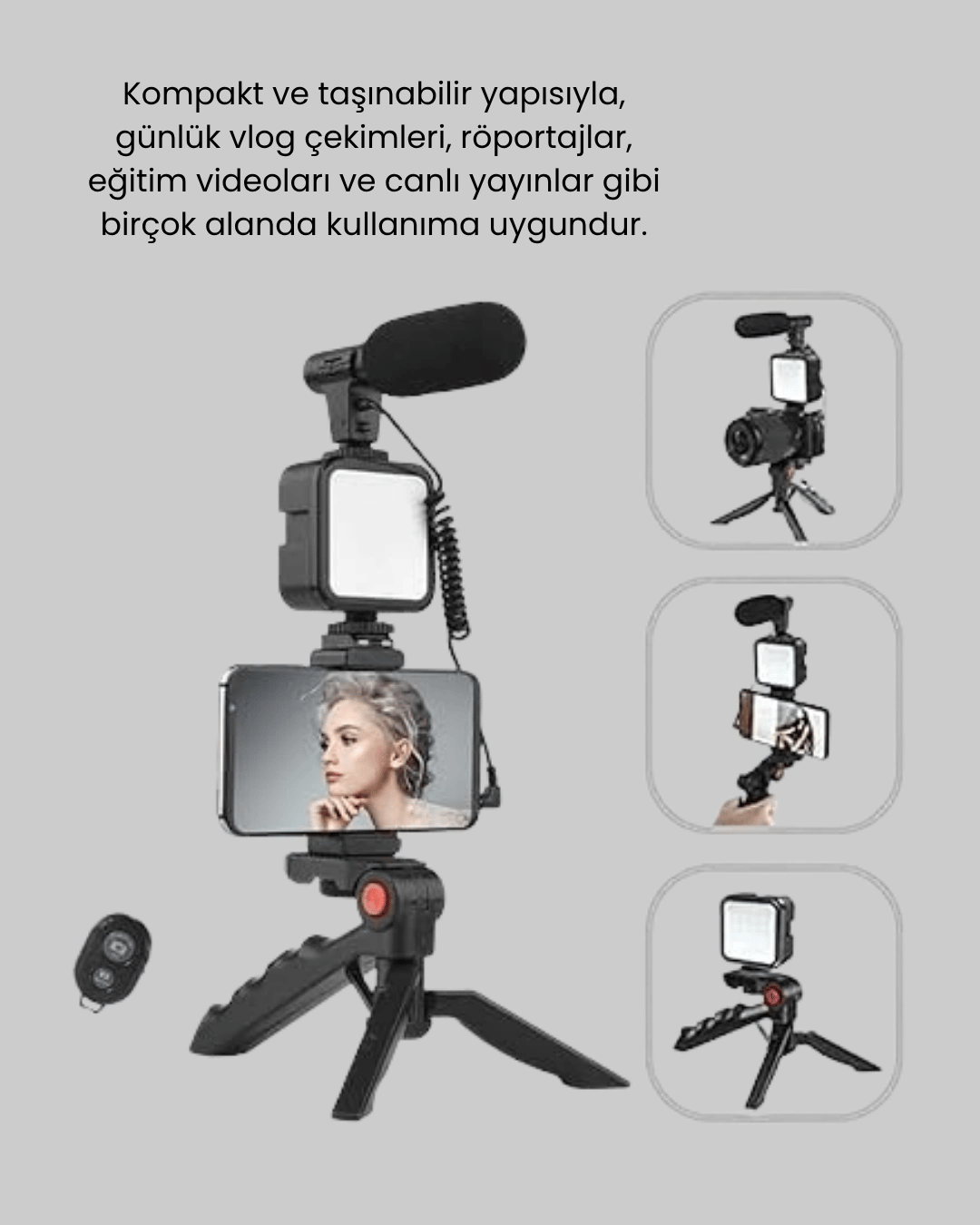 Telefon Video Çekim Kiti LED Aydınlatma Mikrofon Tripodlu Tam Set