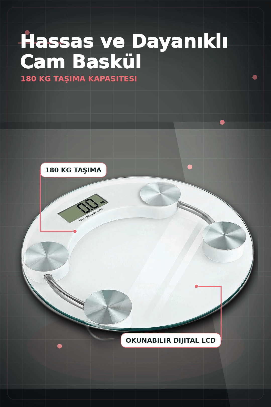 Temperli Cam 180 Kg Kapasiteli Dokunmatik Baskül - Şeffaf Dijital Tartı, Ev Kullanımı BX-313434