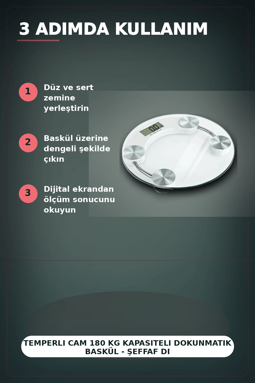 Temperli Cam 180 Kg Kapasiteli Dokunmatik Baskül - Şeffaf Dijital Tartı, Ev Kullanımı BX-313434