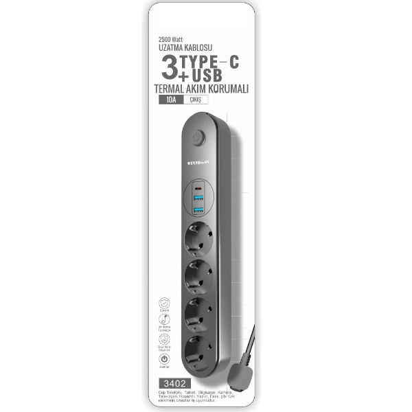 Termal Akım Korumalı 4 Prizli USB Girişli Uzatma Kablosu