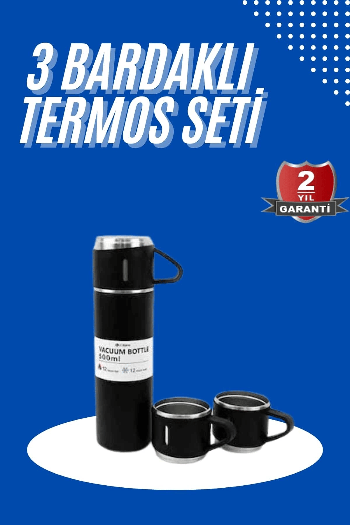 Termos Seti 3'lü Bardak Seti Isı Dayanıklı Siyah Paslanmaz Çelik Vakumlu