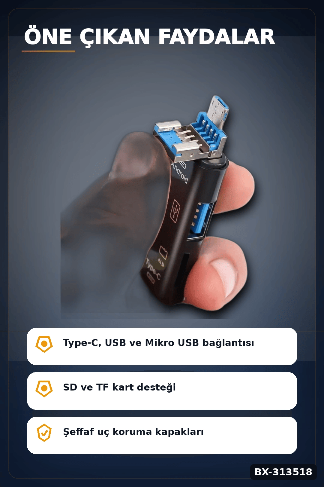 Tip-C Micro Usb Girişli 5'li Çok Fonksiyonlu Sd Kart Okuyucu Otg Dönüştürücü BX-313518