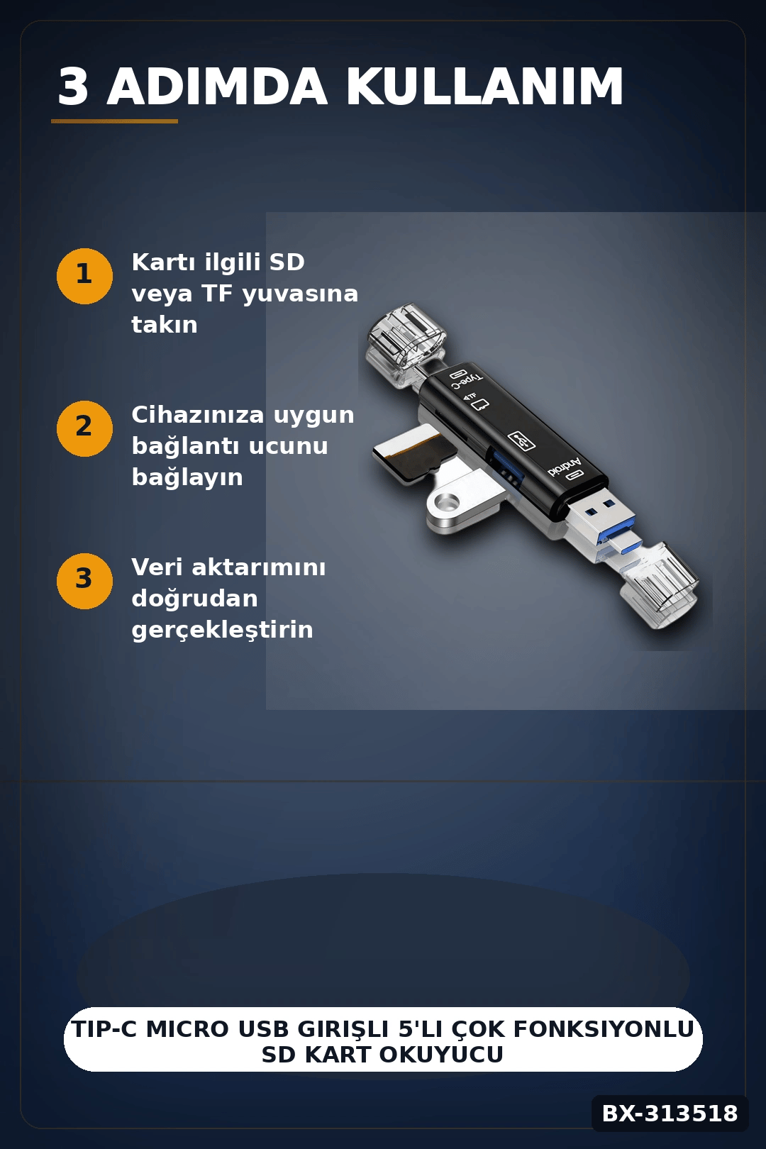 Tip-C Micro Usb Girişli 5'li Çok Fonksiyonlu Sd Kart Okuyucu Otg Dönüştürücü BX-313518