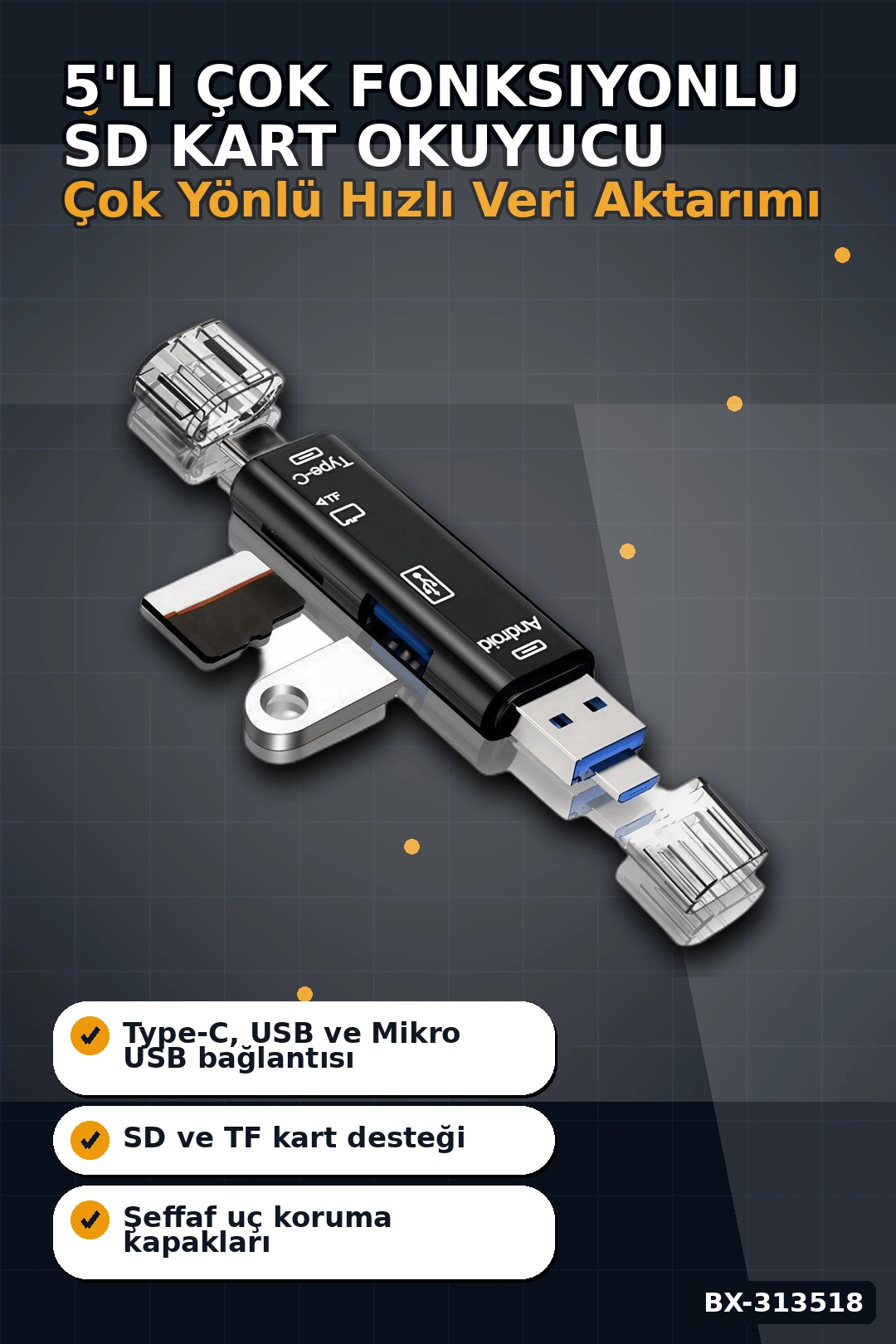 Tip-C Micro Usb Girişli 5'li Çok Fonksiyonlu Sd Kart Okuyucu Otg Dönüştürücü BX-313518