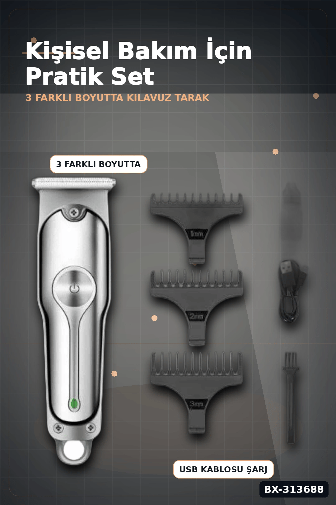 Turbo Hızlı 600 mAh Lityum Pil Saç Sakal Tıraş Makinesi - 3 Taraklı Kablosuz BX-313688