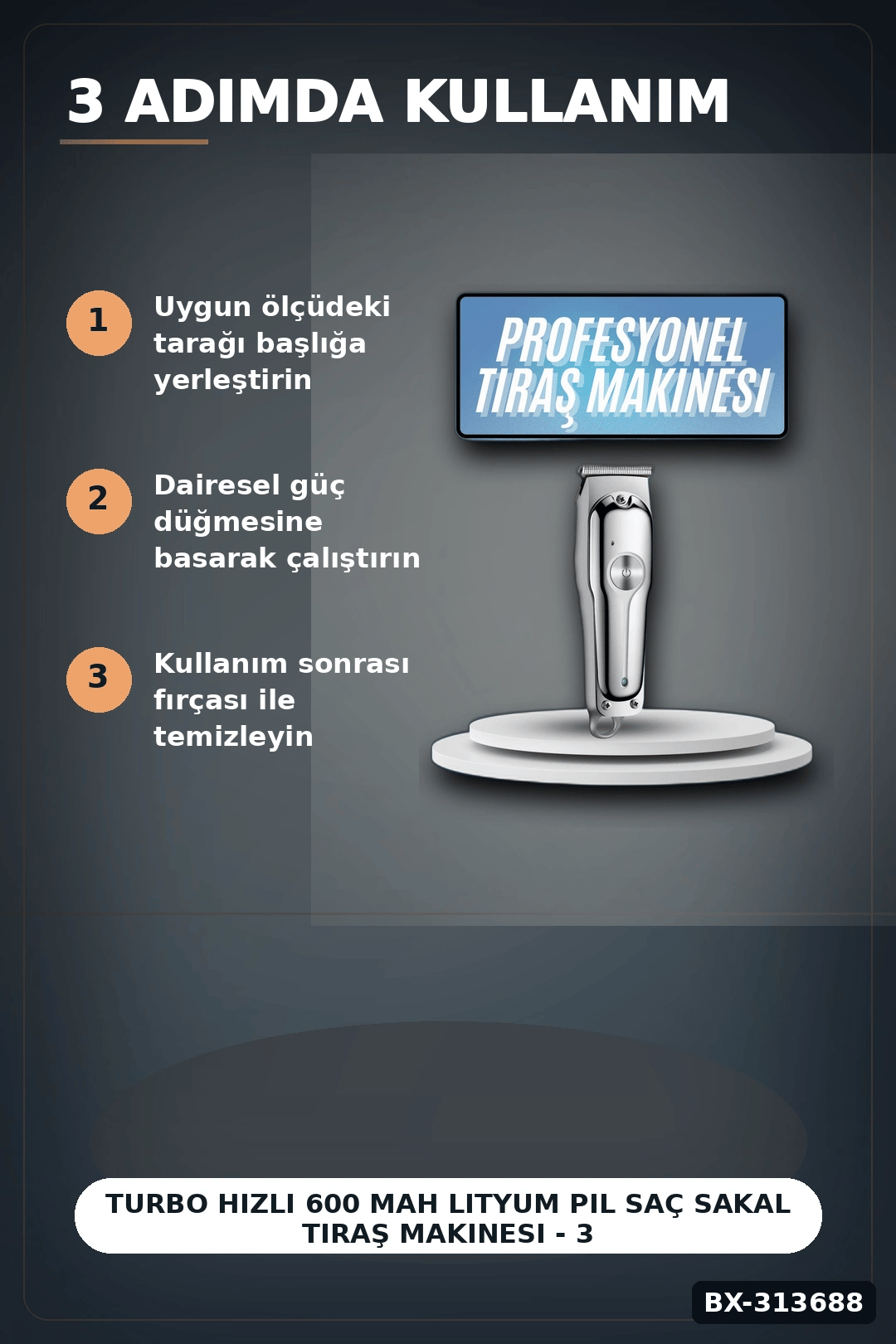 Turbo Hızlı 600 mAh Lityum Pil Saç Sakal Tıraş Makinesi - 3 Taraklı Kablosuz BX-313688