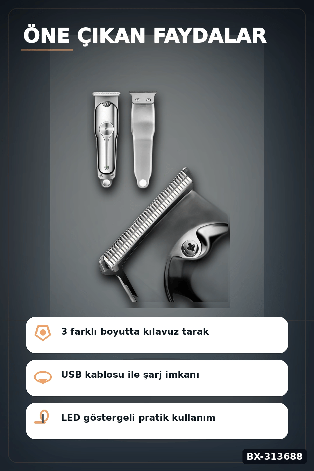 Turbo Hızlı 600 mAh Lityum Pil Saç Sakal Tıraş Makinesi - 3 Taraklı Kablosuz BX-313688