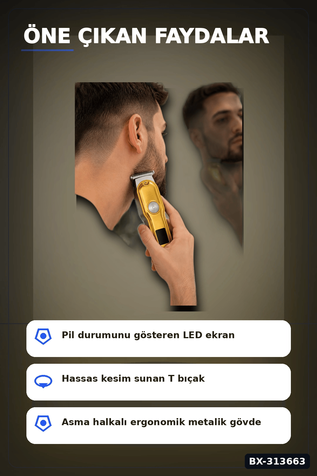 Turbo Modlu Erkek Tıraş Makinesi Led Ekran T Bıçaklı Ense Favori Şekillendirme Usb BX-313663