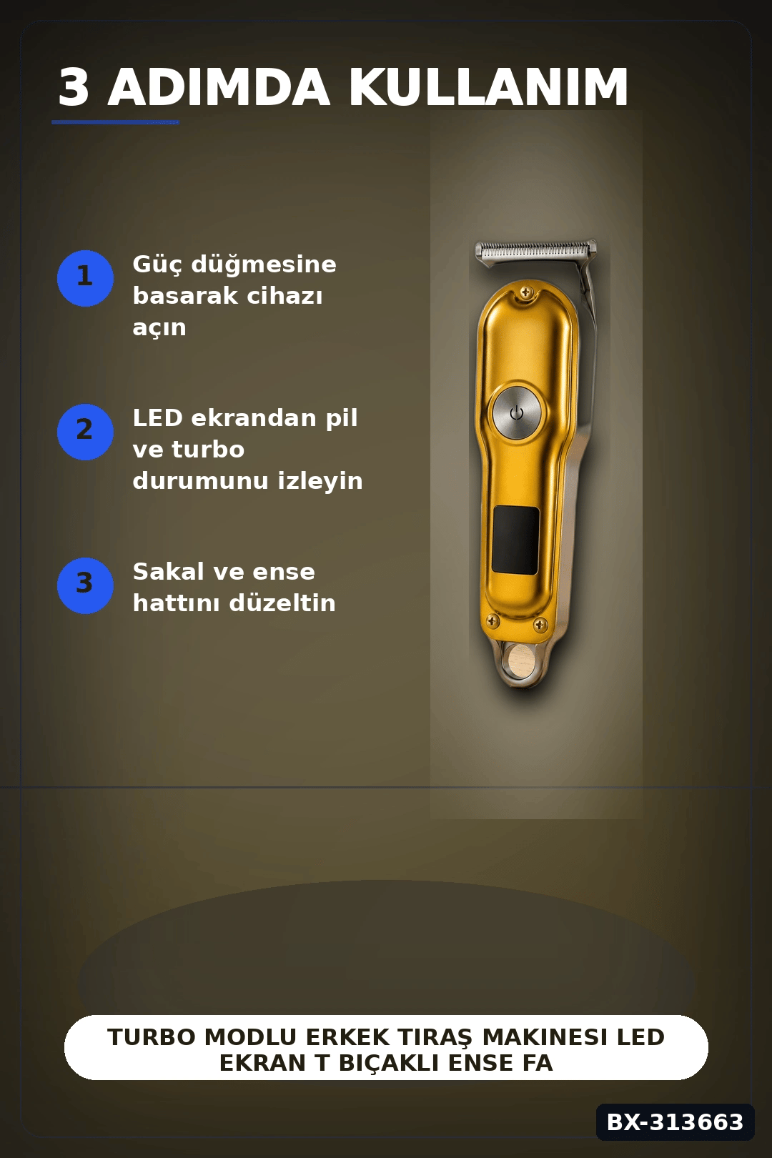 Turbo Modlu Erkek Tıraş Makinesi Led Ekran T Bıçaklı Ense Favori Şekillendirme Usb BX-313663