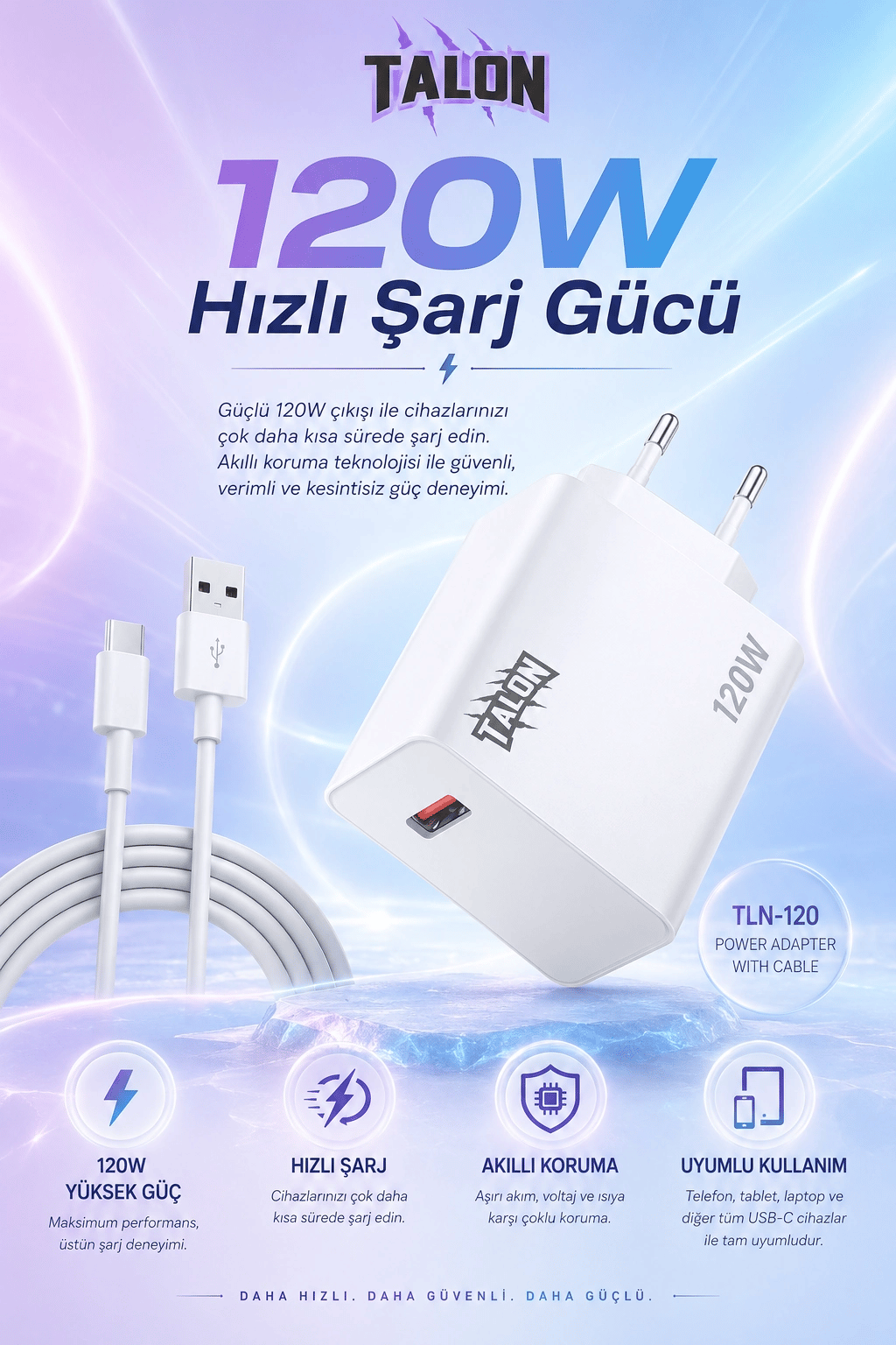 Turbo Şarj Destekli 120W Adaptör Ve Kablo Seti Telefon Uyumlu Pratik Kullanım