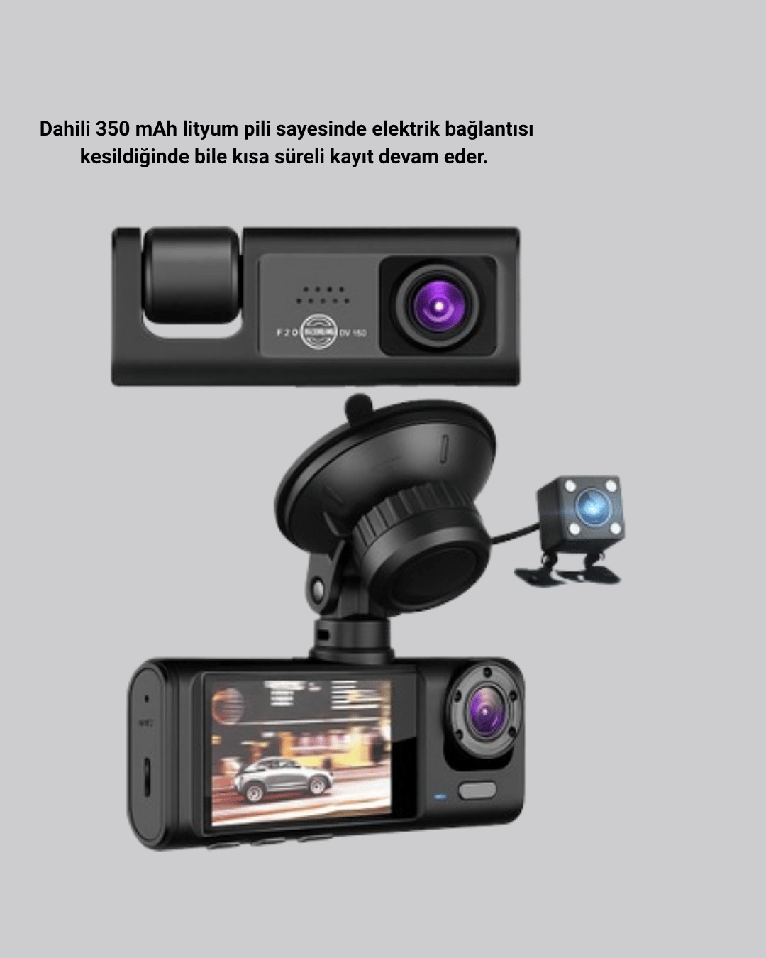 Üç Kameralı Araç DVR Full HD Gece Görüşlü ve 2 inç IPS Ekranlı