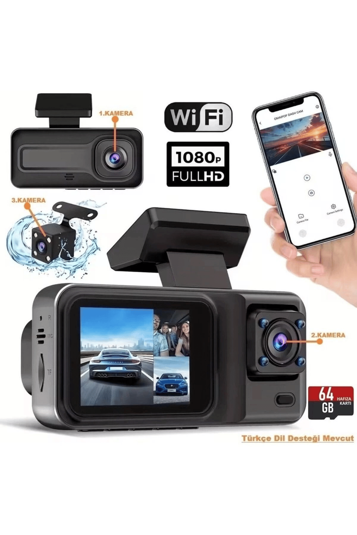 Üç Kameralı Ön Iç Arka Araç Içi Kamera Wifi Viidure App Mpıa CC38 64GB