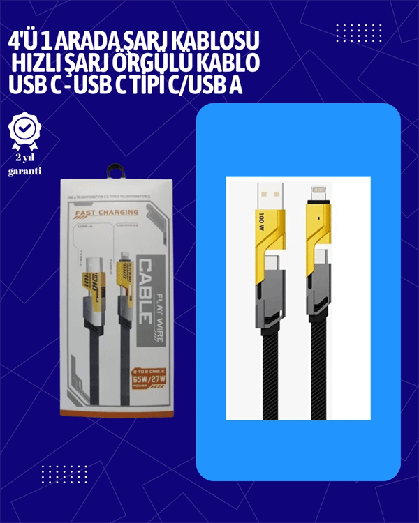 USB-C ve Lightning Uyumlu 4'ü 1 Arada Kablo – 65W Hızlı Şarj, Örgülü Dayanıklı Yapı