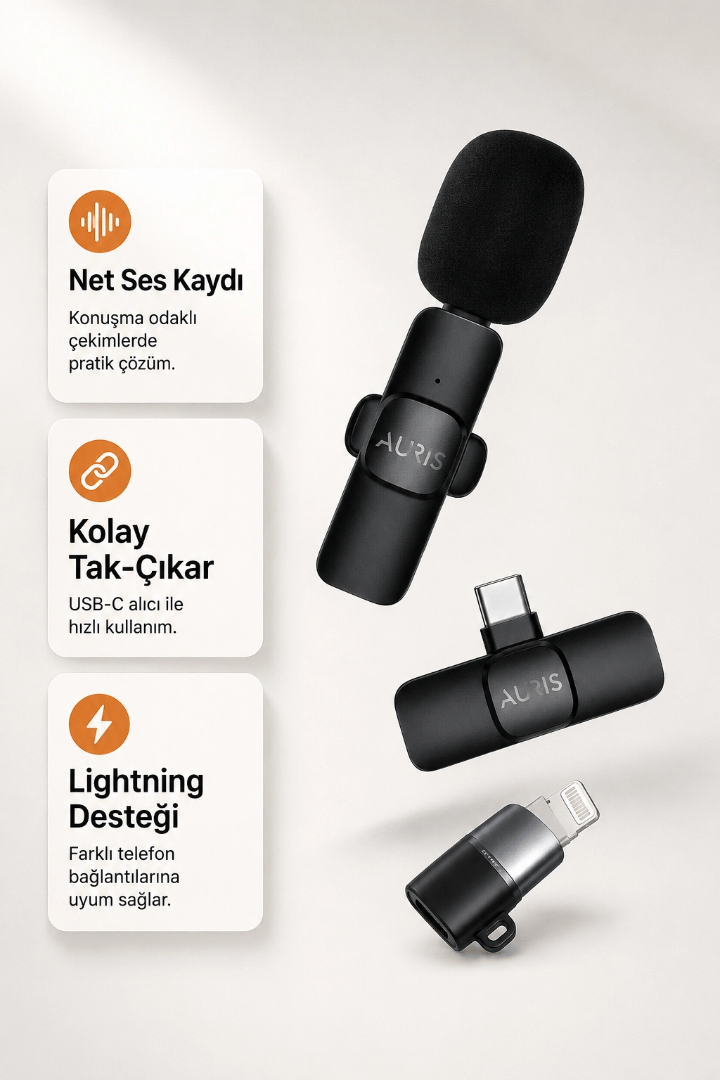 USB-C ve Lightning Uyumlu Kablosuz Yaka Mikrofonu Tak Çalıştır Telefon Ses Kayıt Seti