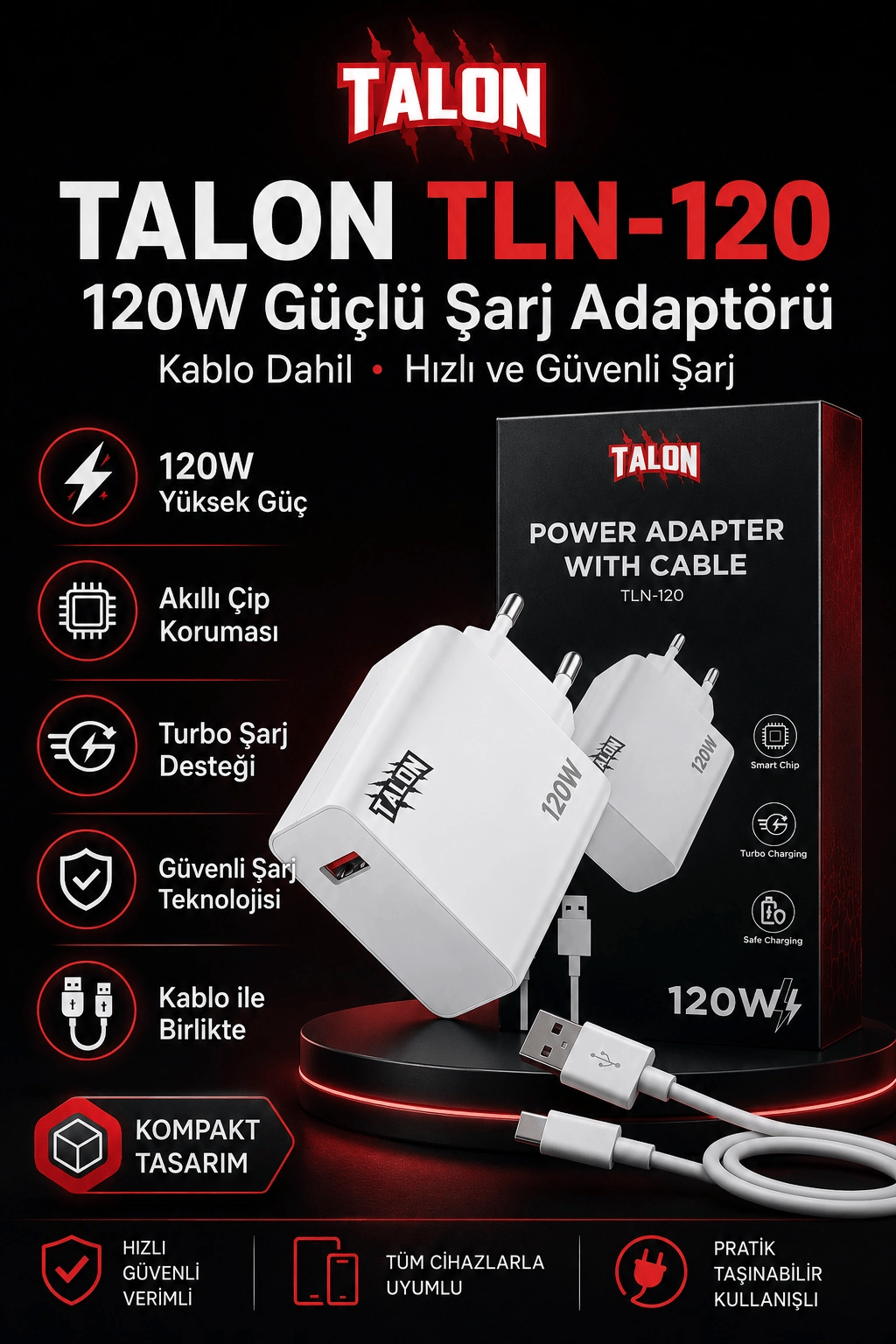 USB Kablolu 120W Güç Adaptörü Hızlı Şarj Destekli Mobil Cihaz Uyumlu Set