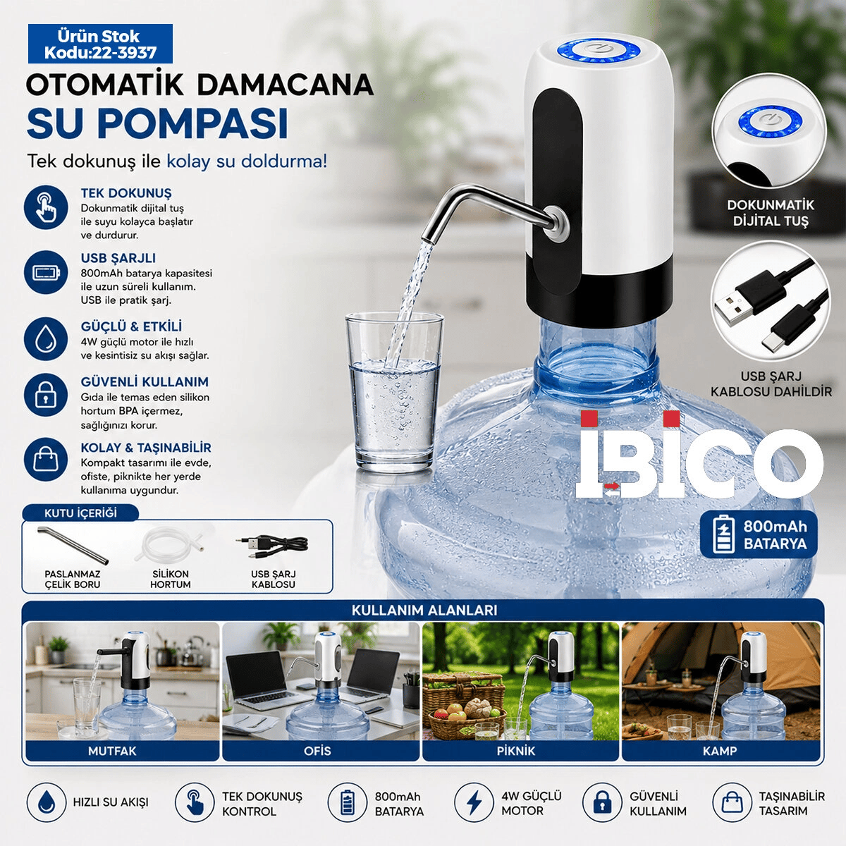 Usb Şarjlı - Otomatik Damacana Su Pompası 4w - 800mah İ11-071 Bx40