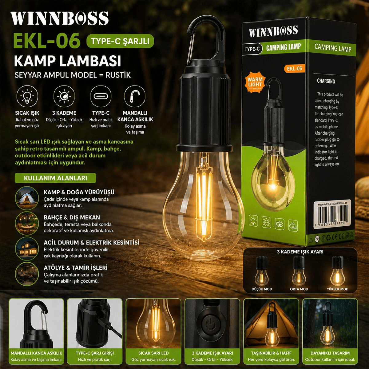 Usb Şarjlı Seyyar Ampul Model=rustik Kamp Lambası Mandallı Kanca Askılık 3-kademe Işık Ekl-06 G-912 Bx40
