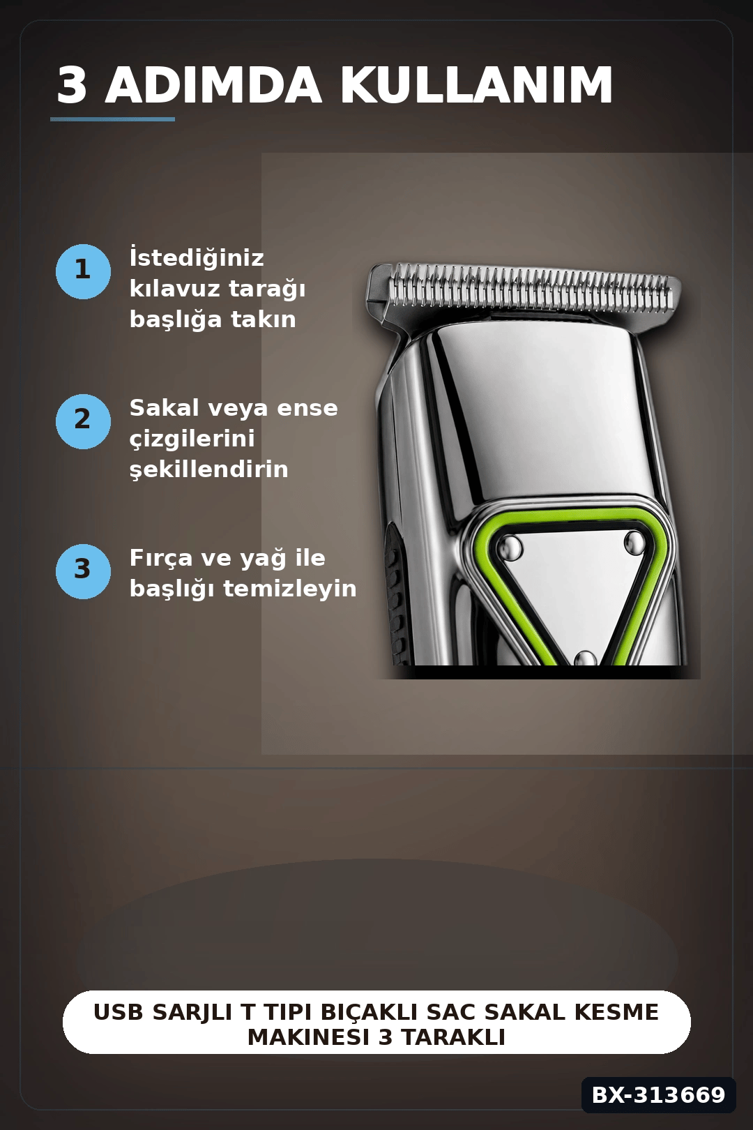 USB Sarjli T Tipi Bicakli Sac Sakal Kesme Makinesi 3 Tarakli Profesyonel Erkek Traas BX-313669
