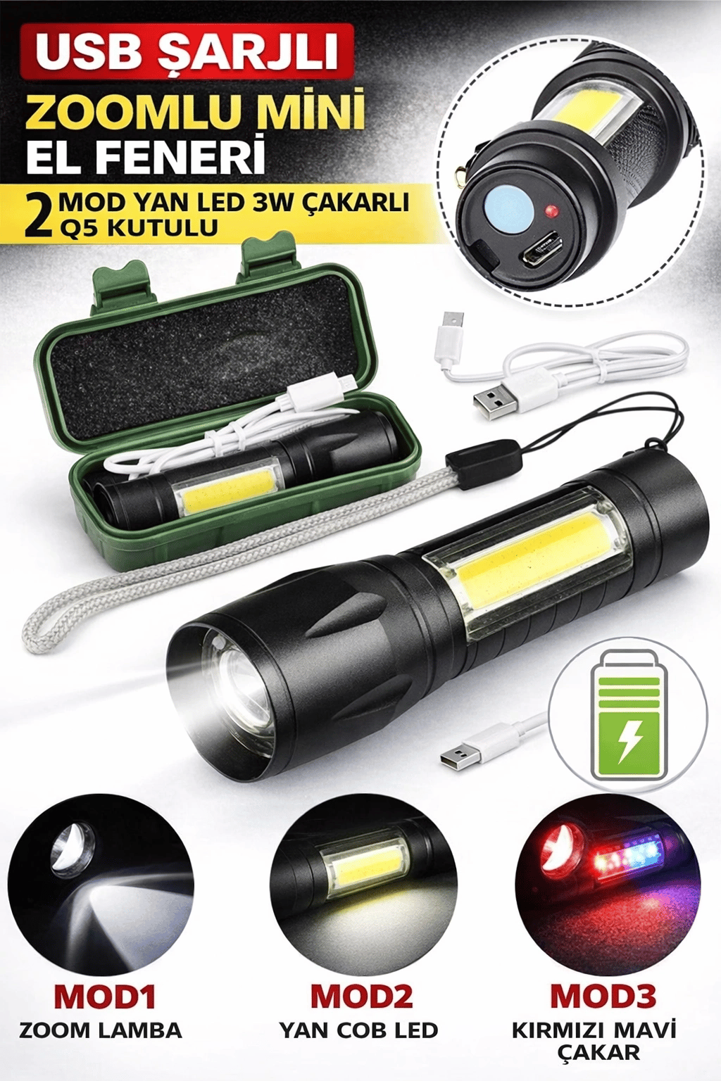 USB Şarjlı Zoomlu Mini El Feneri 3 Mod Yan COB LED Çakar Q5 Güçlü Işık Kutulu