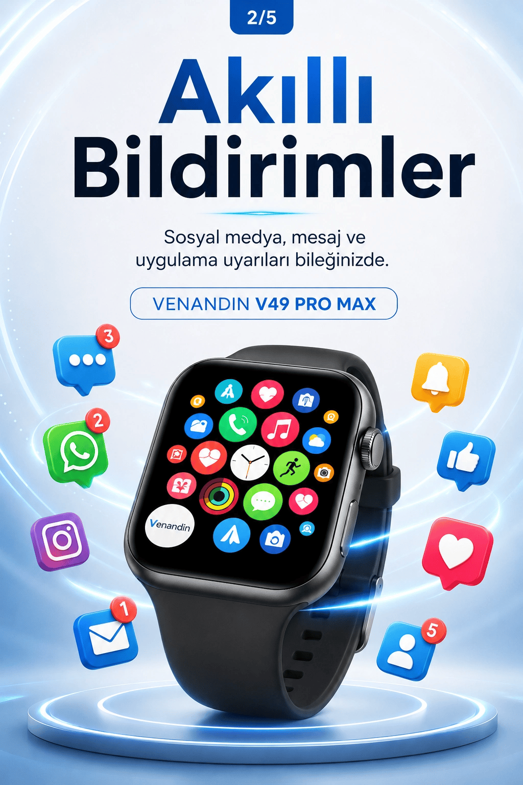 Uygulama Bildirimli Dokunmatik Akıllı Saat Kablosuz Şarjlı Şık Tasarımlı Model