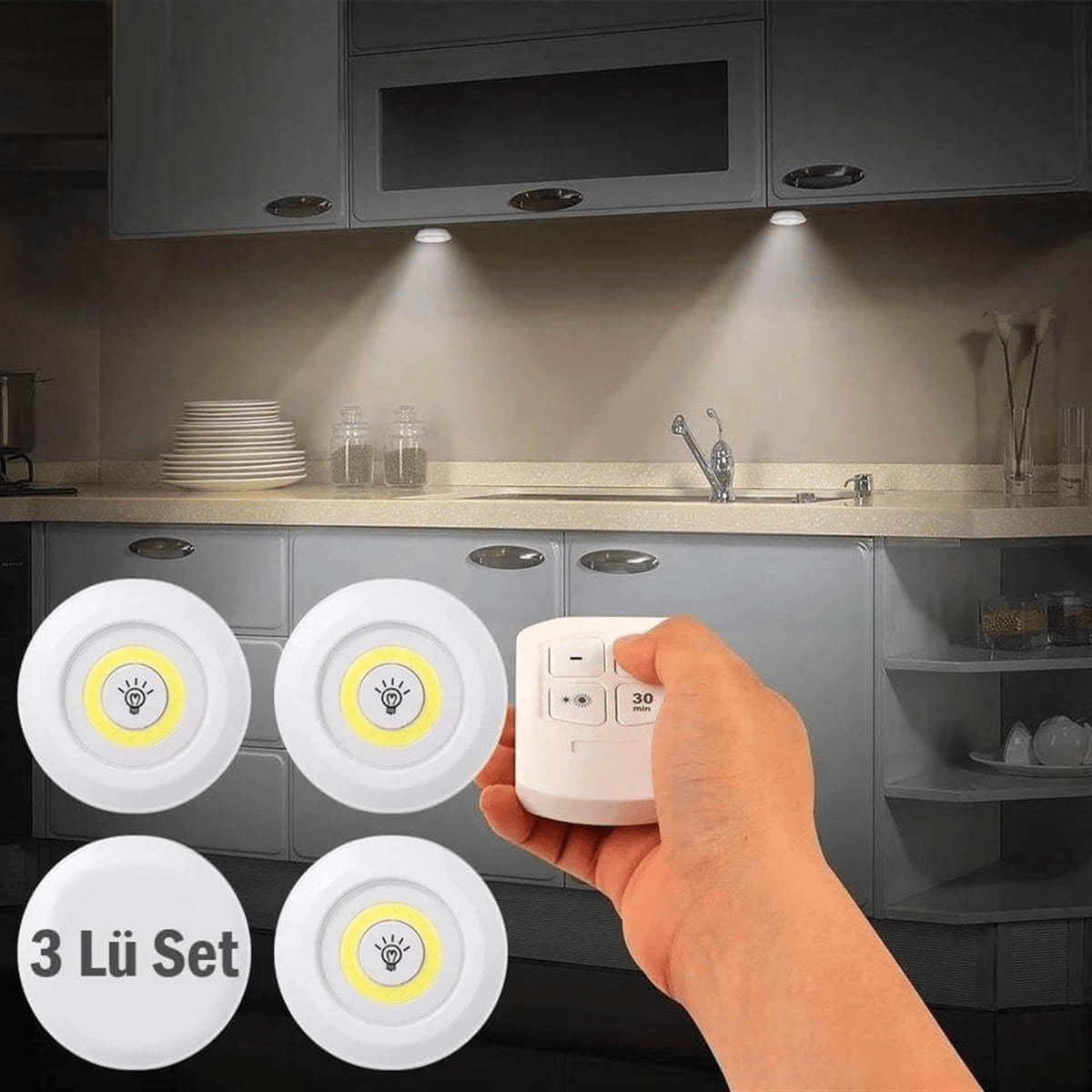 Uzaktan Kumandalı Yapışkanlı Kablosuz Pilli Led 3’lü Bx40