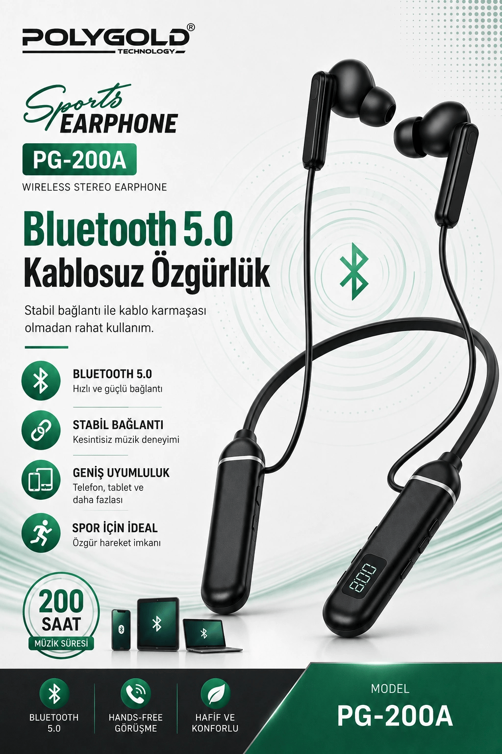 Uzun Süre Kullanımlı Kablosuz Kulak İçi Spor Kulaklık Stereo Ses Mikrofonlu