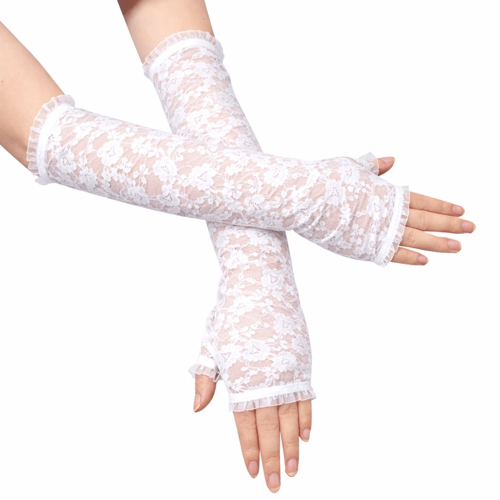 Uzun Zarif Dantel Eldiven Parmaksız Beyaz 35 Cm Bx40