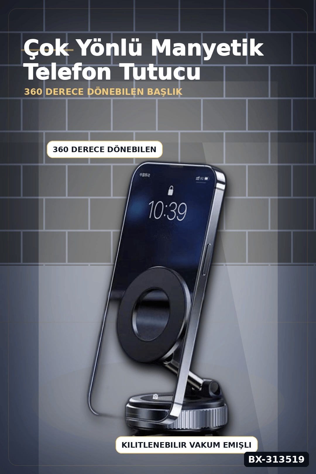 Vakumlu Emişli 360 Derece Döner Manyetik Telefon Tutucu - Güçlü Mıknatıslı Araba Masaüstü BX-313519
