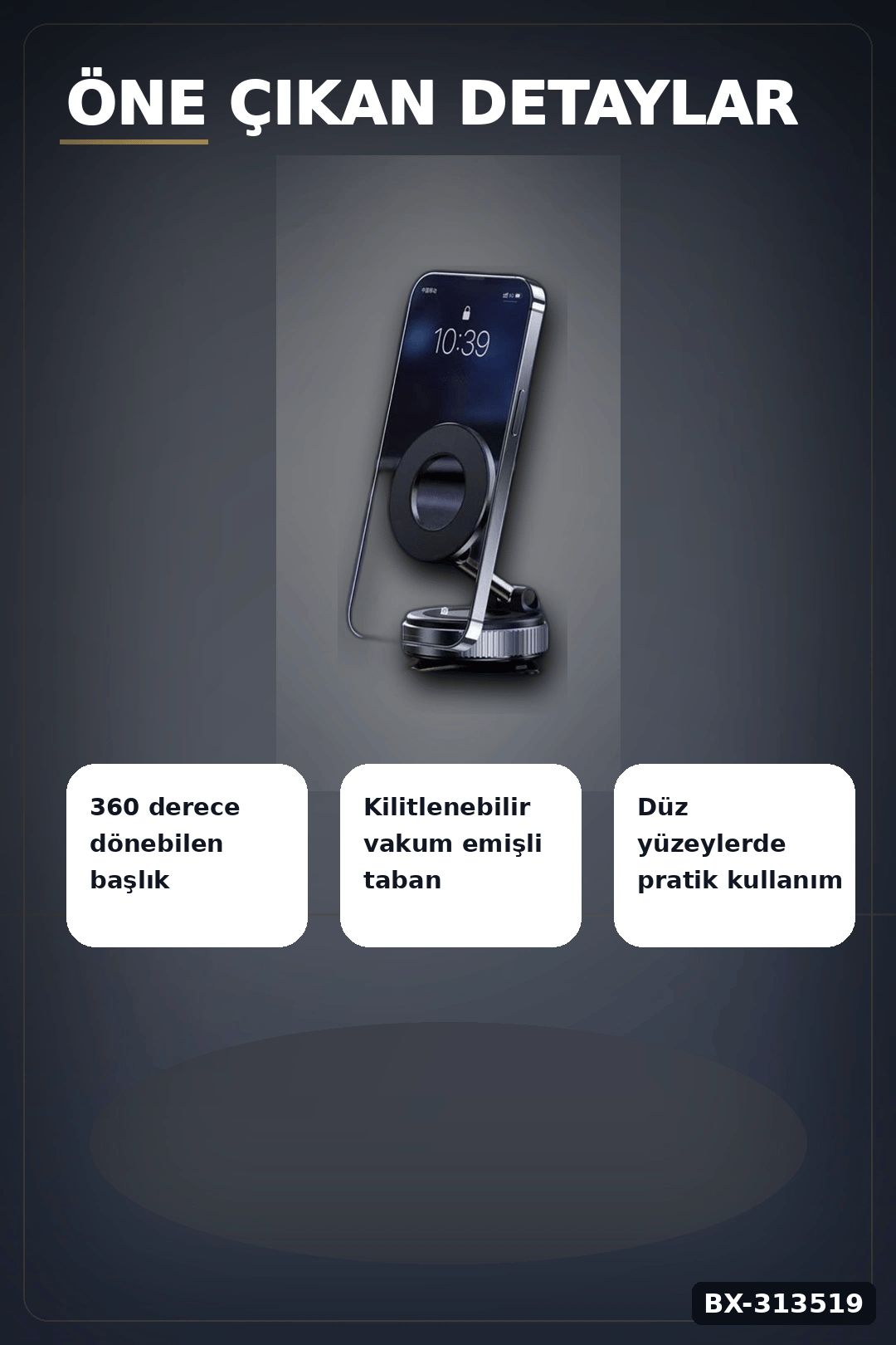 Vakumlu Emişli 360 Derece Döner Manyetik Telefon Tutucu - Güçlü Mıknatıslı Araba Masaüstü BX-313519