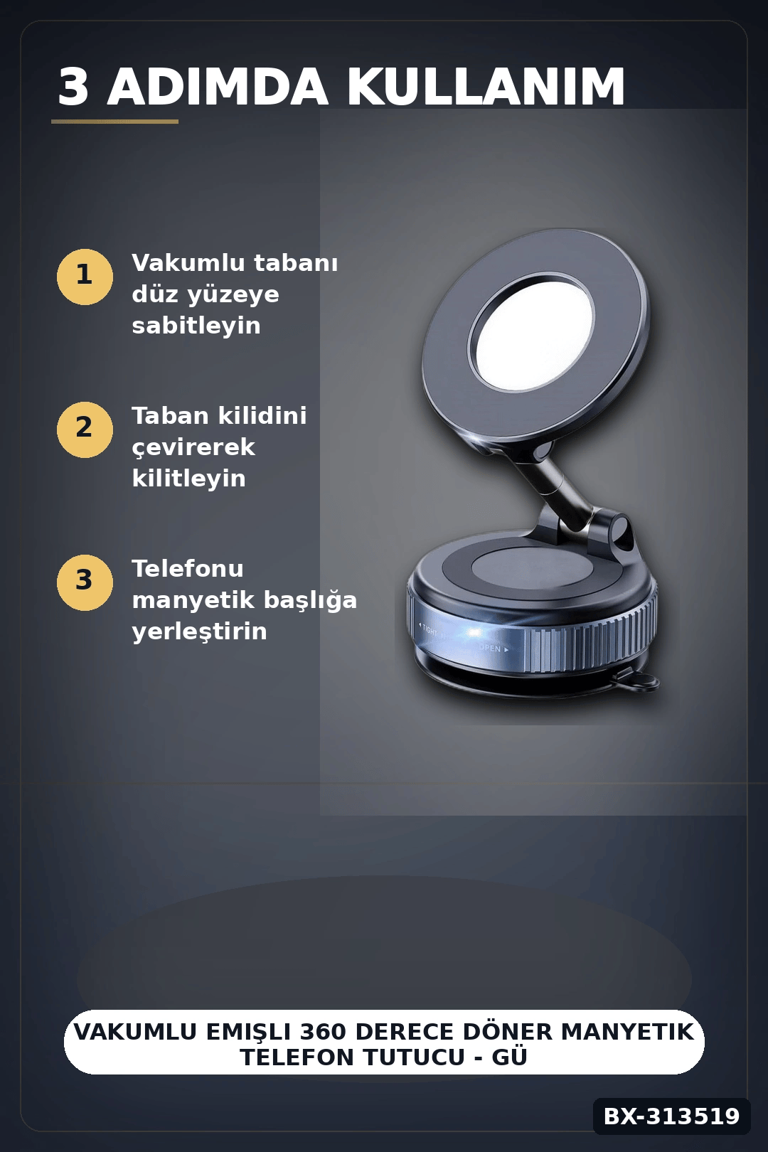 Vakumlu Emişli 360 Derece Döner Manyetik Telefon Tutucu - Güçlü Mıknatıslı Araba Masaüstü BX-313519