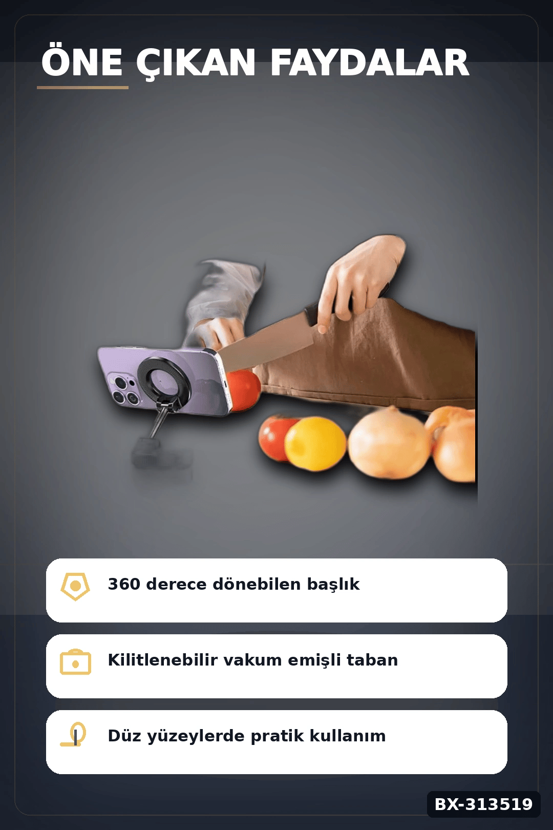 Vakumlu Emişli 360 Derece Döner Manyetik Telefon Tutucu - Güçlü Mıknatıslı Araba Masaüstü BX-313519