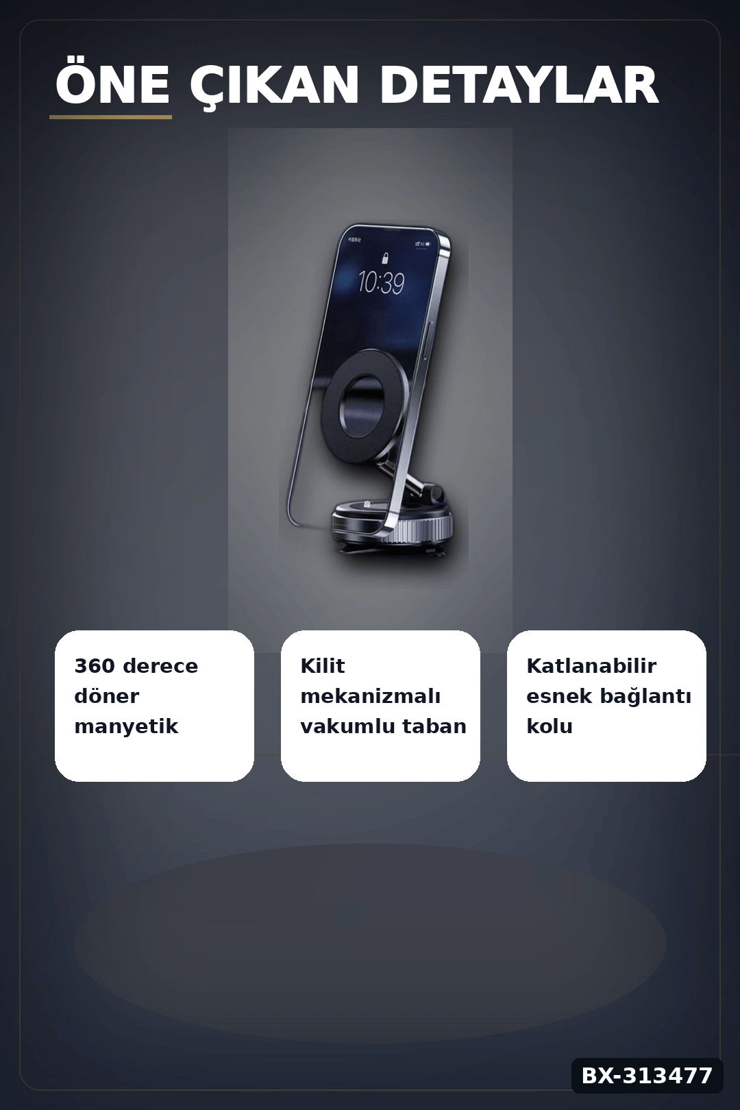 Vakumlu Emişli Manyetik Telefon Tutucu 360 Döner Başlık Güçlü Mıknatıslı İz Bırakmaz BX-313477