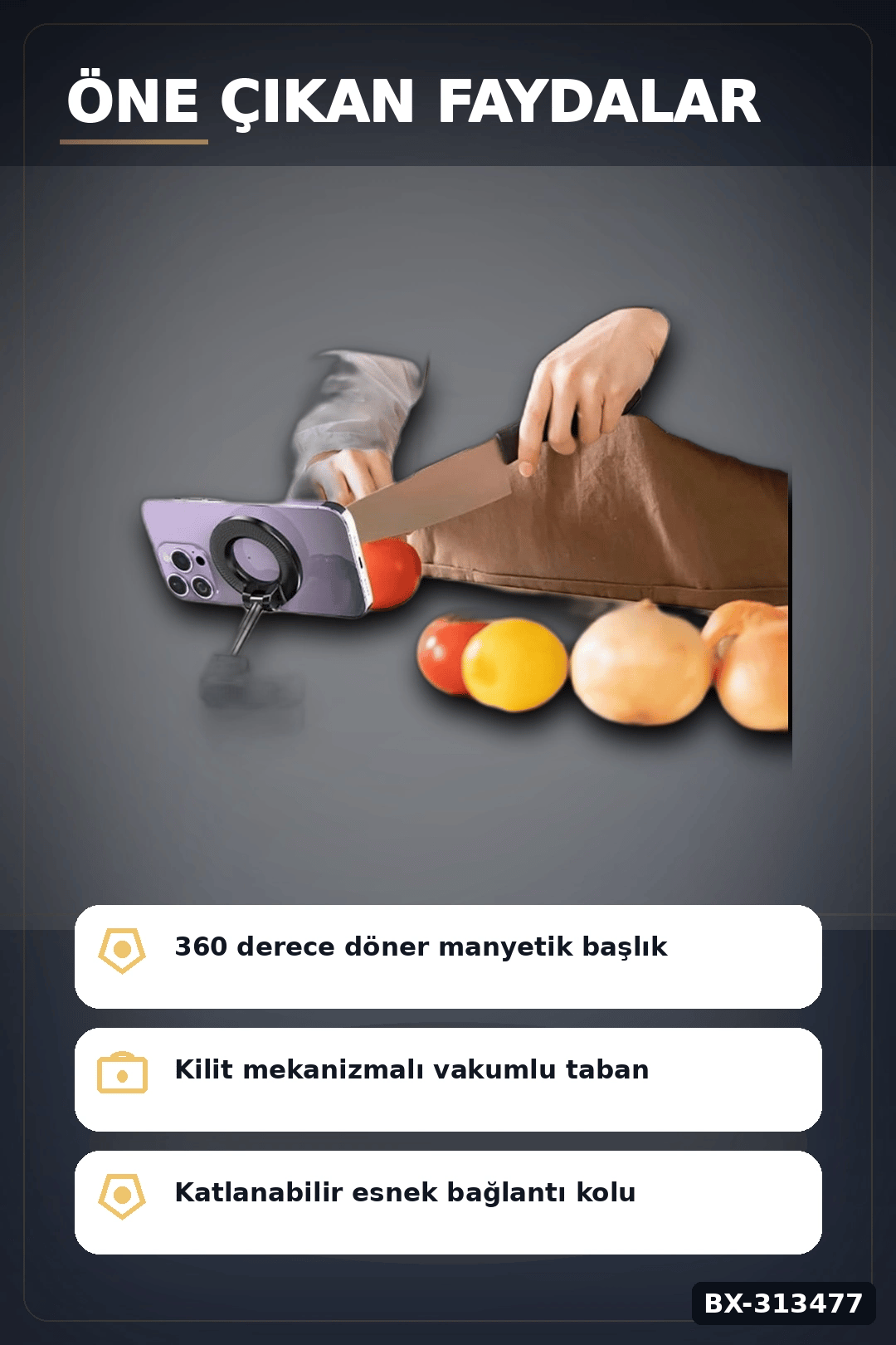 Vakumlu Emişli Manyetik Telefon Tutucu 360 Döner Başlık Güçlü Mıknatıslı İz Bırakmaz BX-313477