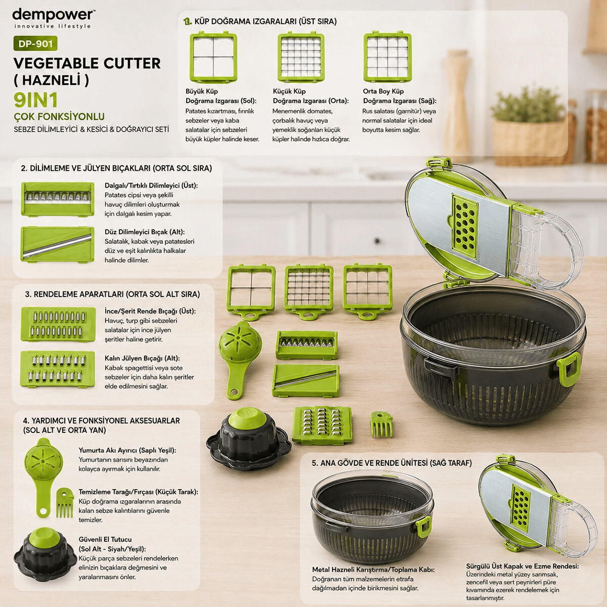 Vegetable Cutter Hazneli 9ın1 Çok Fonksiyonlu Sebze Dilimleyici - Kesici - Doğrayıcı Seti Dp-901 Bx40