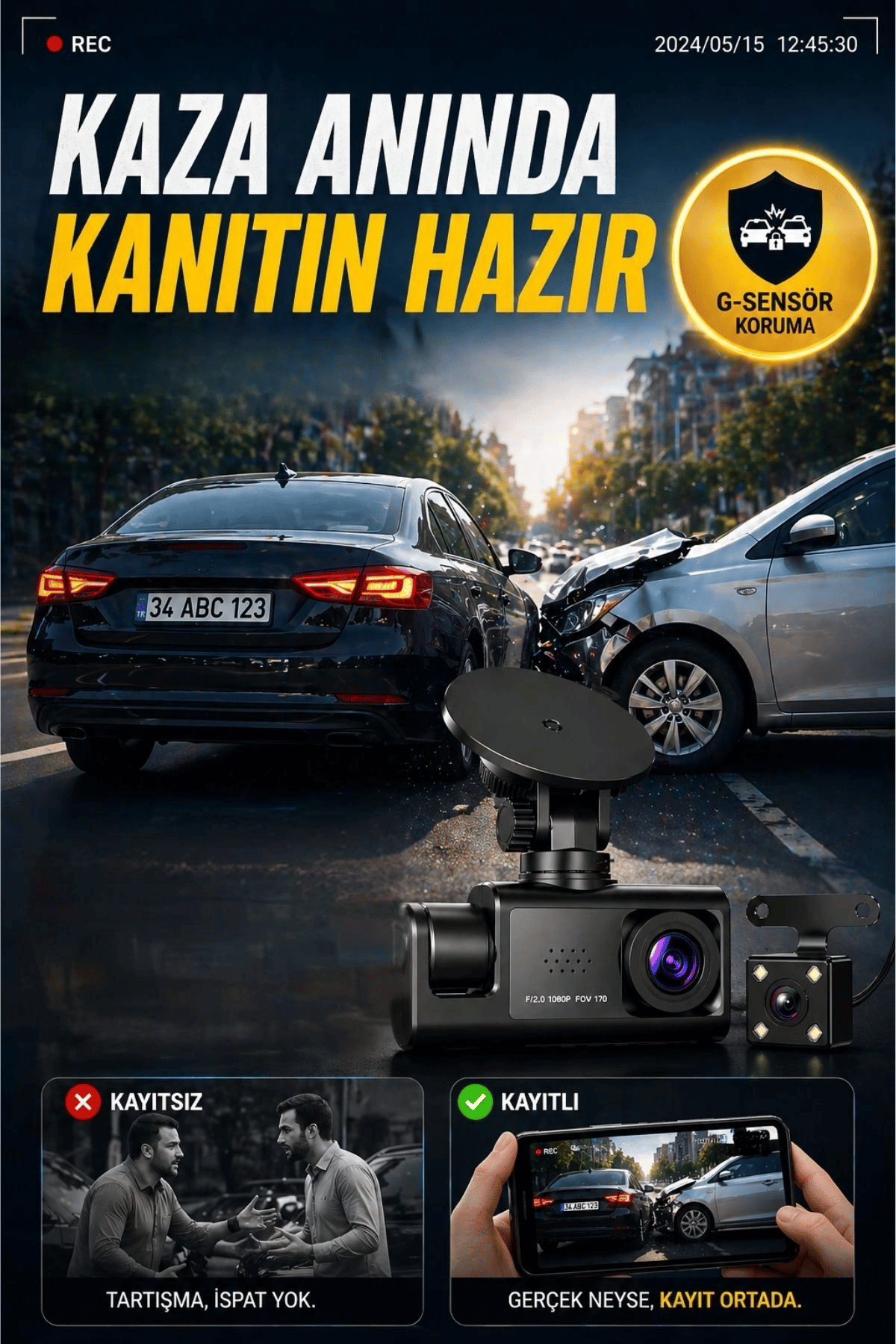 WiFi 1080p 3 Kameralı Araç İçi Kamera LCD Ekranlı Gece Görüşlü G Sensörlü Geniş Açılı