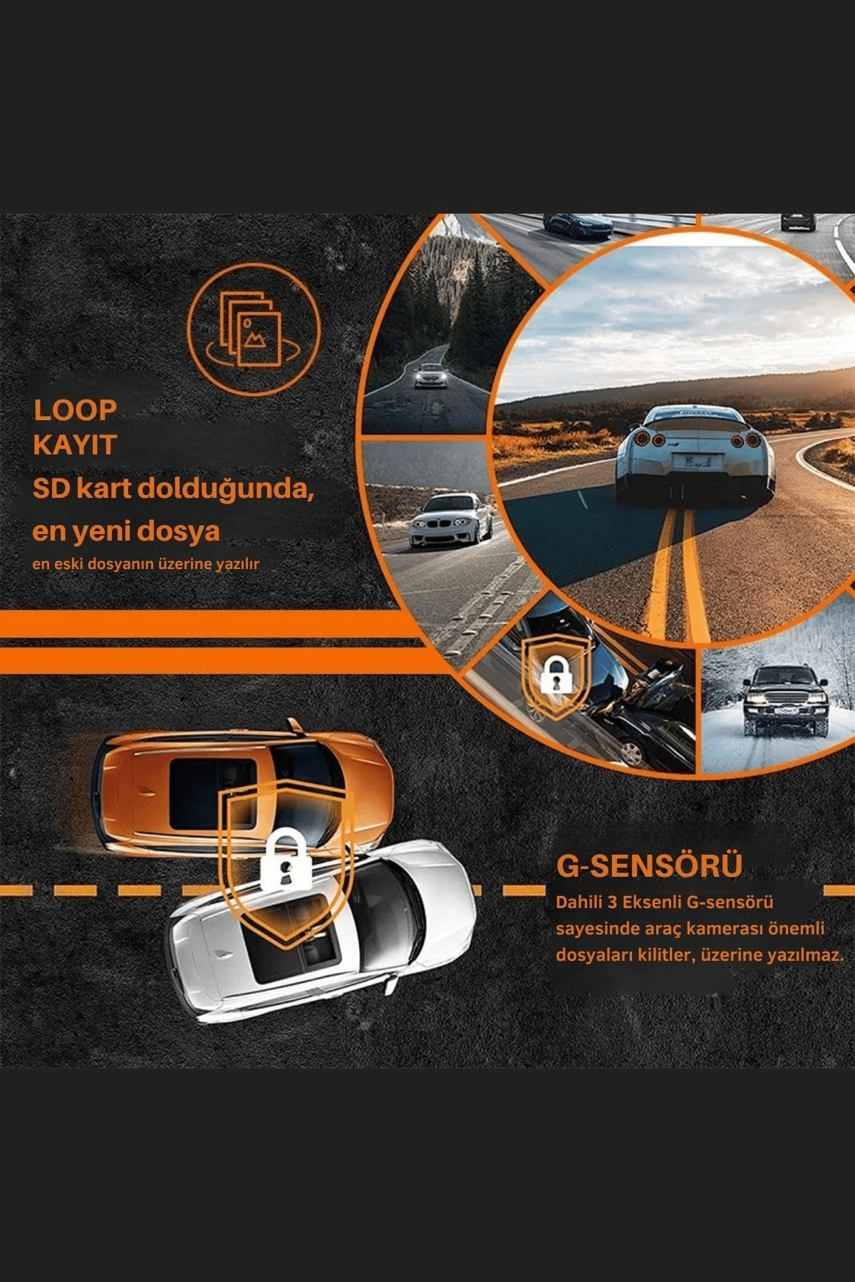 Wifi 1080p Araç içi 3 Kameralı Lcd Ekranlı Gece Görüşlü , G-sensör , Geri Görüş Kamera