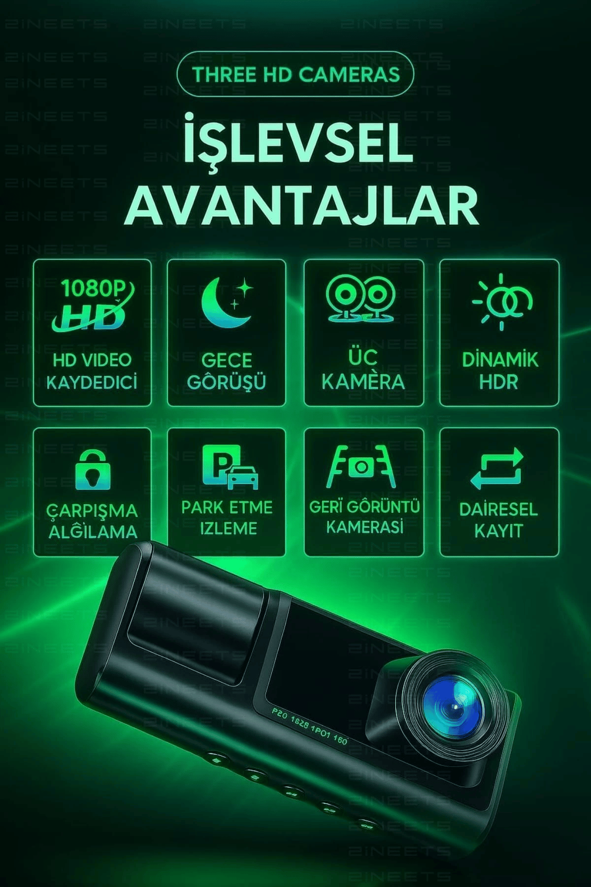 Wifi 1080p Araç içi 3 Kameralı Lcd Ekranlı Gece Görüşlü , G-sensör , Geri Görüş Kamera