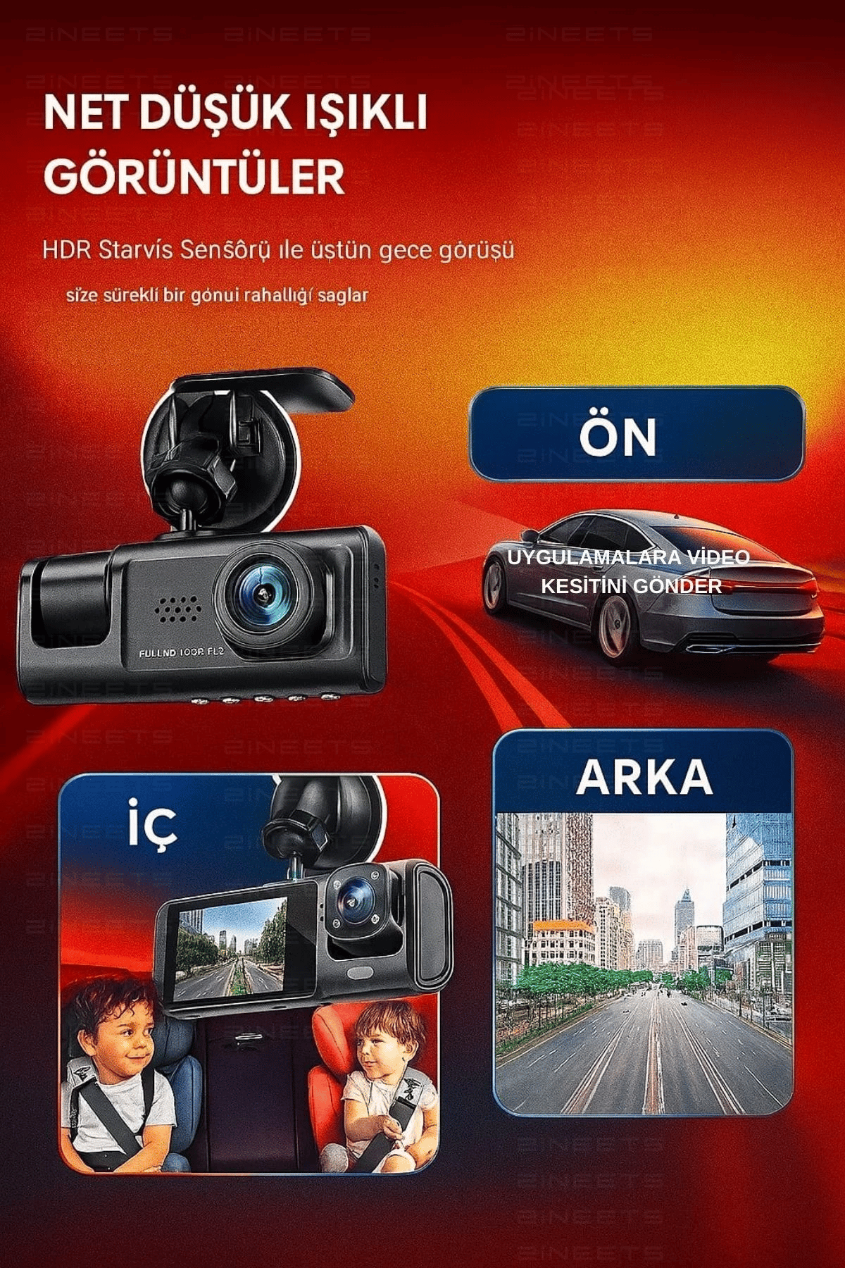 Wifi 1080p Araç içi 3 Kameralı Lcd Ekranlı Gece Görüşlü , G-sensör , Geri Görüş Kamera