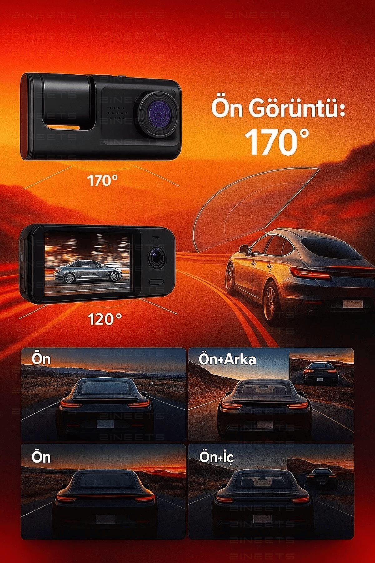 Wifi 1080p Araç içi 3 Kameralı Lcd Ekranlı Gece Görüşlü , G-sensör , Geri Görüş Kamera