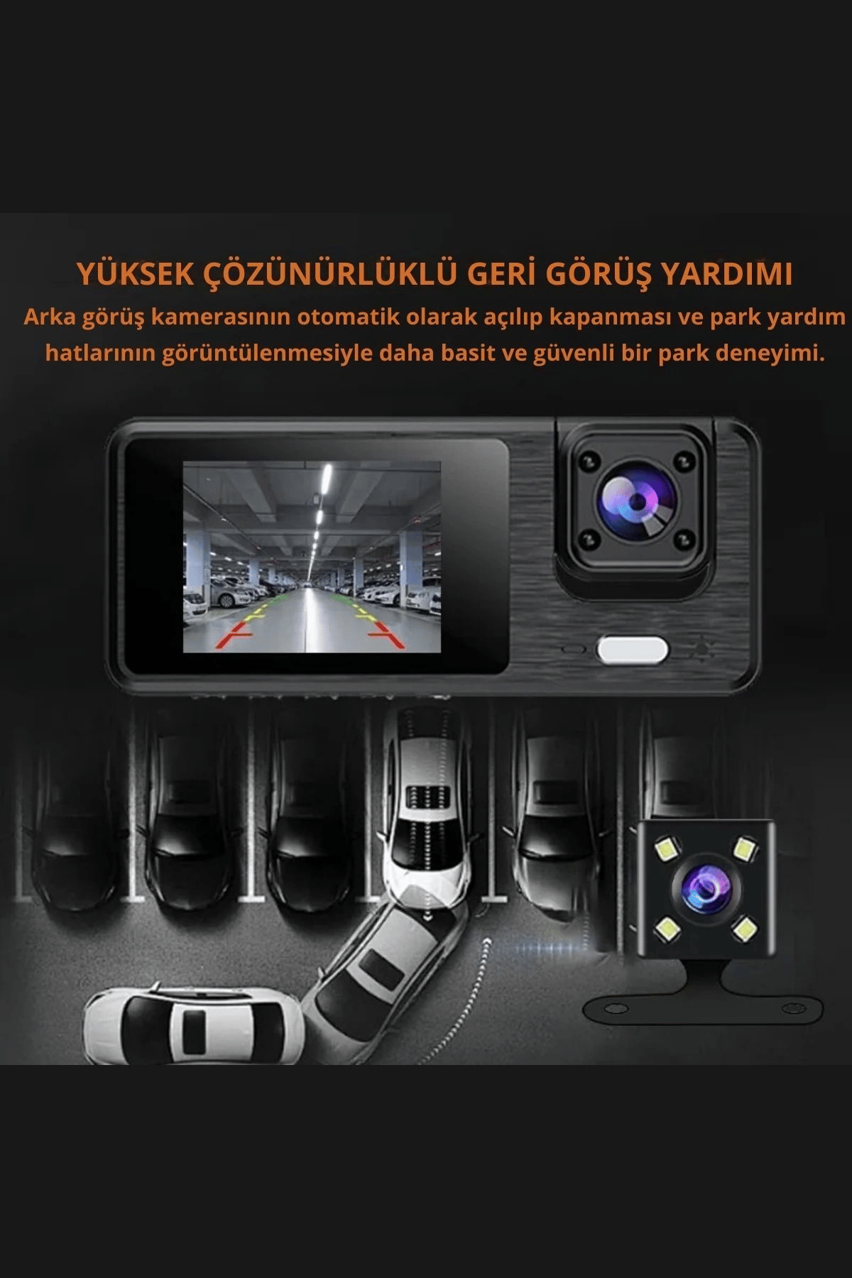 Wifi 1080p Araç içi 3 Kameralı Lcd Ekranlı Gece Görüşlü , G-sensör , Geri Görüş Kamera