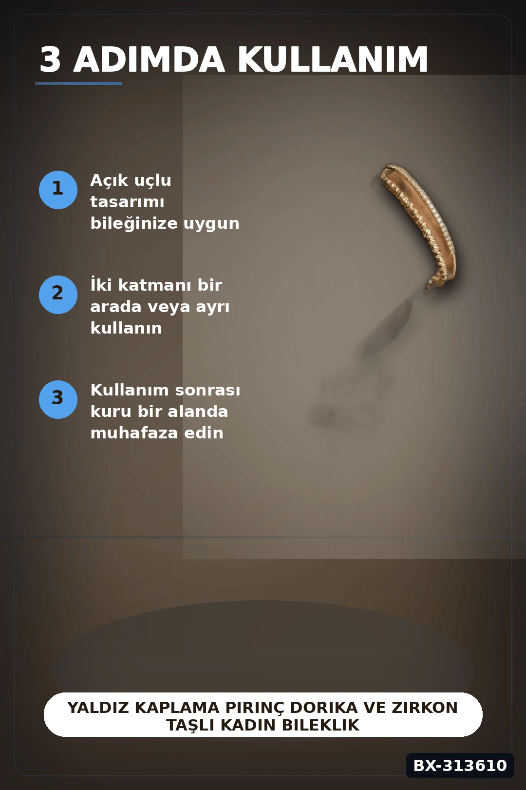 Yaldız Kaplama Pirinç Dorika Ve Zirkon Taşlı Kadın Bileklik - 20 Cm Uzunluk BX-313610