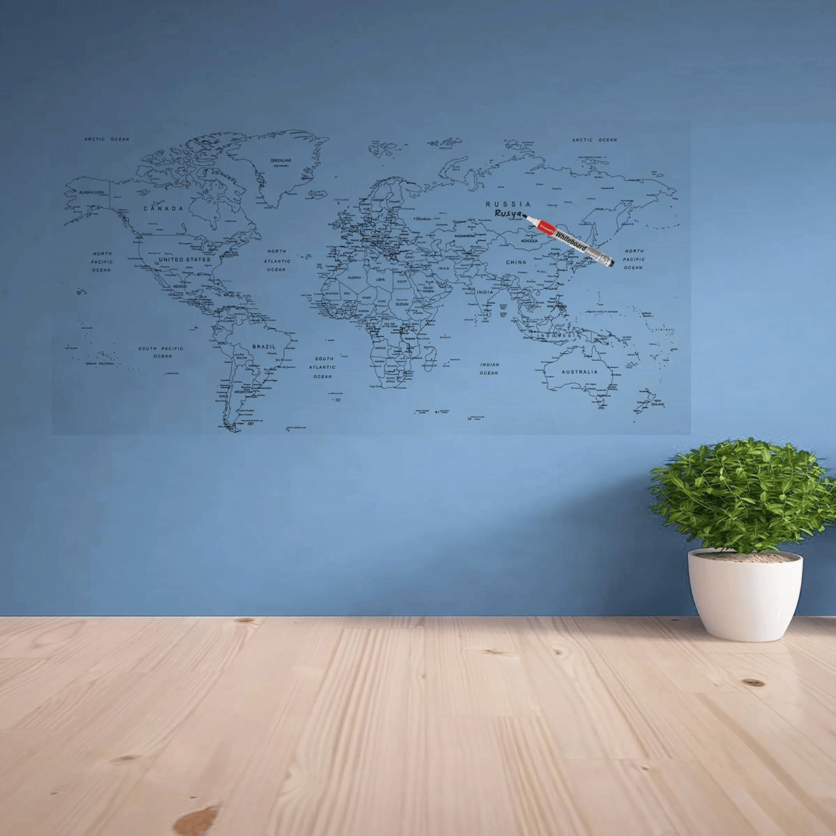 Yazılabilir Dünya Haritası Manyetik Duvar Stickerı 110 X 56 Cm Bx40