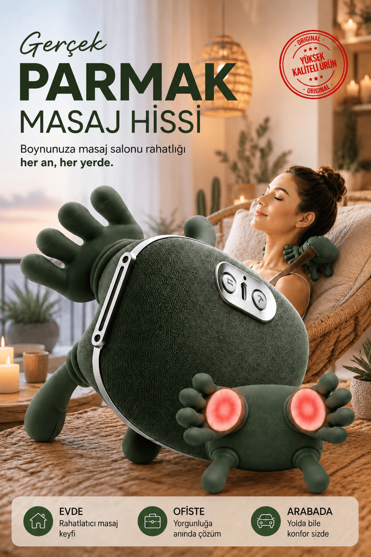 Yeşil Isıtmalı El Hissi Boyun Omuz ve Sırt Masaj Yastığı Şarjlı Yoğurma Etkili Model