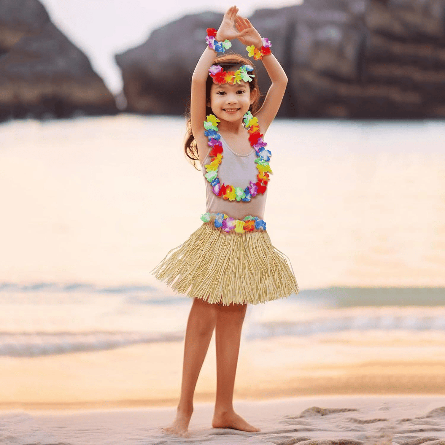 Yetişkin Çocuk Hawaii Parti Seti - 40 Cm Naturel Etek + Çiçek Aksesuarlar (5 Parça) Bx40
