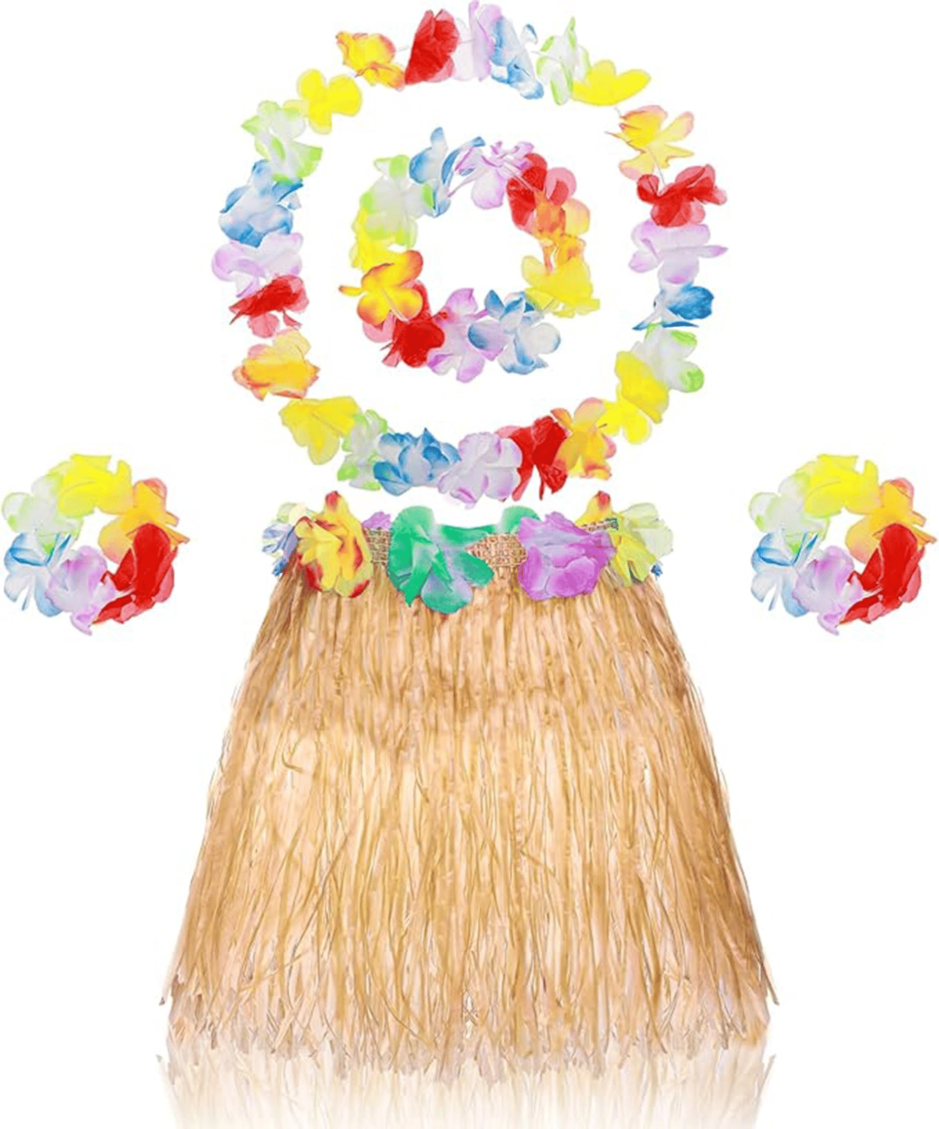 Yetişkin Çocuk Hawaii Parti Seti - 40 Cm Naturel Etek + Çiçek Aksesuarlar (5 Parça) Bx40