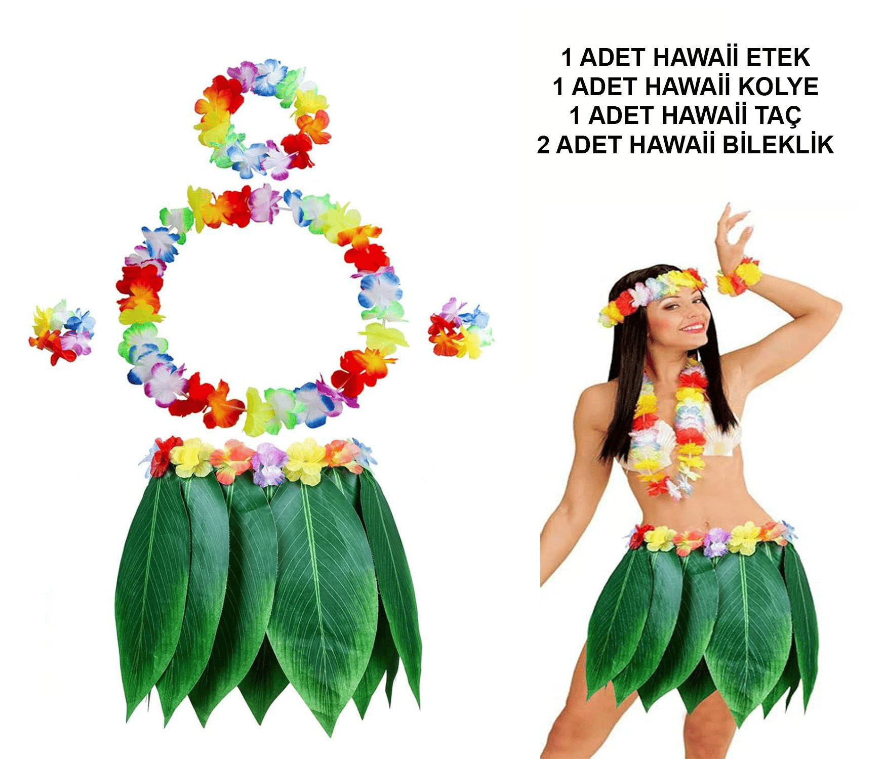 Yetişkin Hawaii Kostüm Seti - Yaprak Etek &amp; Hawaii Set - 5 Parça Bx40