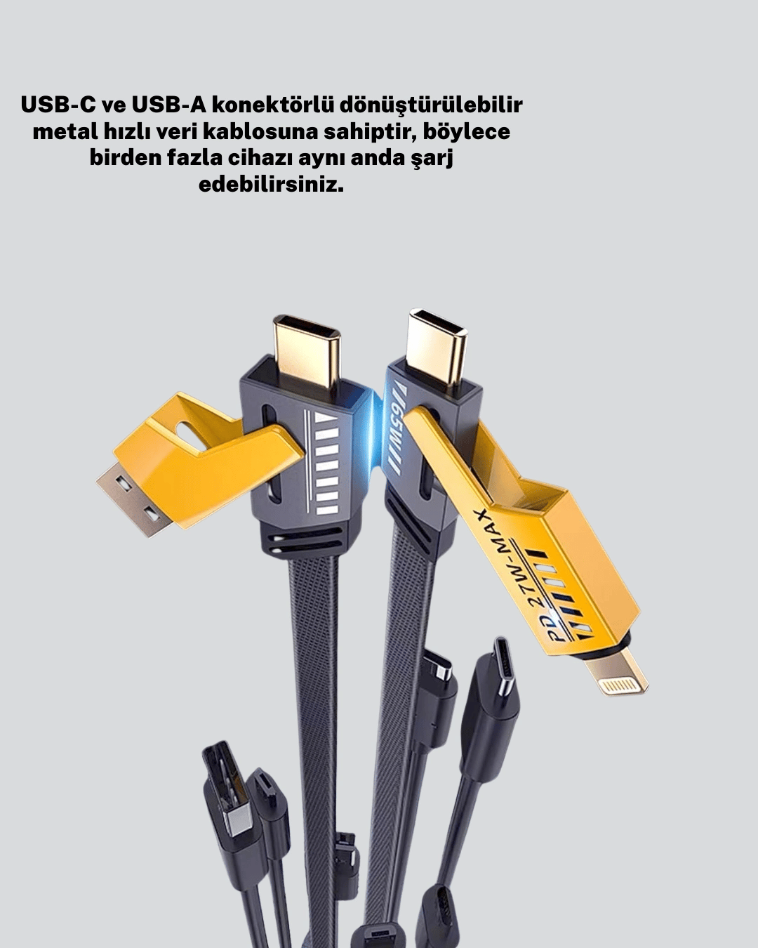 Yüksek Hızlı 65W Güç Çıkışlı Çoklu Cihaz Uyumlu Şarj Kablosu