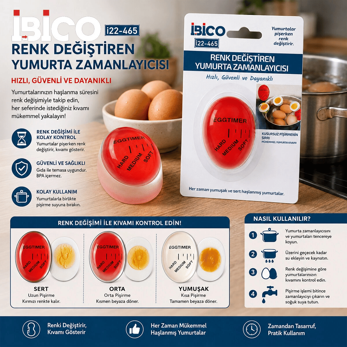 Yumurta Pişirme Zamanlayıcı Renk Değiştiren Kıvamlayıcı Sert - Orta - Yumuşak İ22-465 Bx40