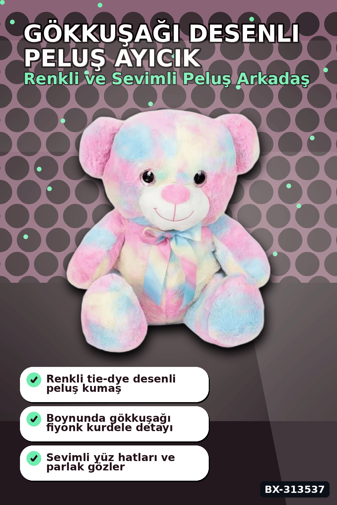 Yumuşak Peluş Oyuncak Gökkuşağı Desenli Ayıcık 45 cm Sevimli Hediye İçin Tekli BX-313537